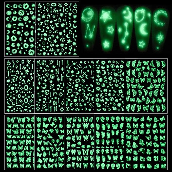 DANNEASY 12 Sheets Fluorescence Nail Art Stickers Holographic Butterfly Nail Decals Star Moon Constellation Nail Design Stickers Self-Adhesive Nail Stickers for Nail Art Accessories