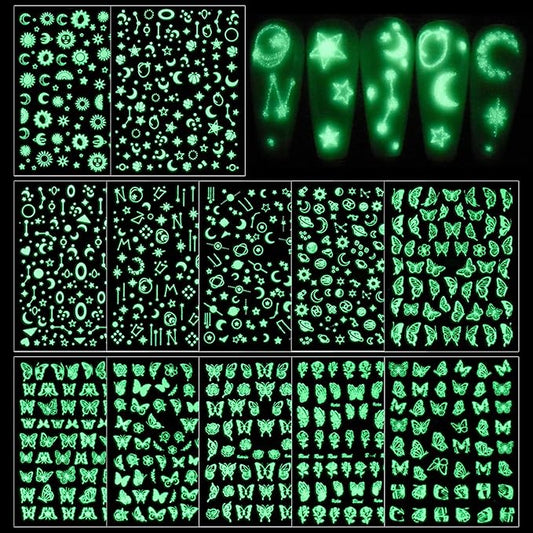 DANNEASY 12 Sheets Fluorescence Nail Art Stickers Holographic Butterfly Nail Decals Star Moon Constellation Nail Design Stickers Self-Adhesive Nail Stickers for Nail Art Accessories