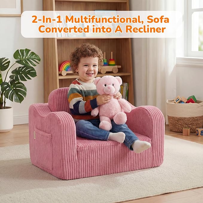 MeMoreCool Corduroy Pink Kids Chair, 2-in-1 Kids Couch Fold Out to Lounger for Girls, Comfy Foam Sofa for 1-3 Year Old with Washable Cover for Playroom and Bedroom | Playroom Seating