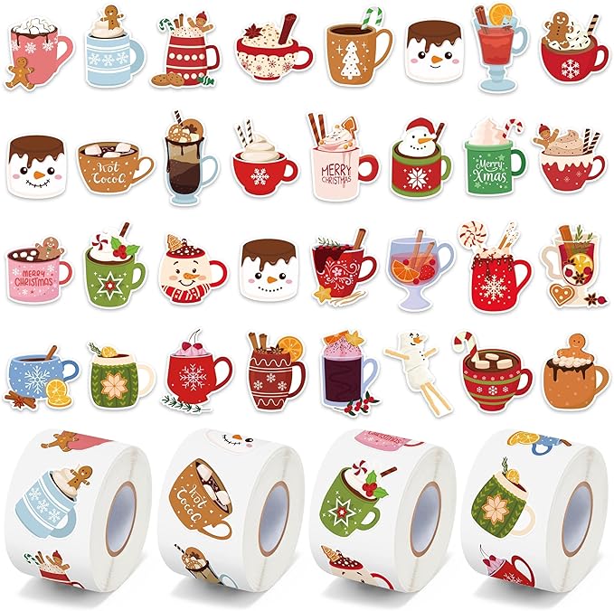 CNhoqc Christmas Cocoa Sticker Rolls - 2000Pcs Winter Hot Cocoa Mug Marshmallow Waterproof Vinyl Decal Reusable Laptop Sticker Scrapbook Water Bottle Junk Journal Party Supplies Skateboard Travel Case