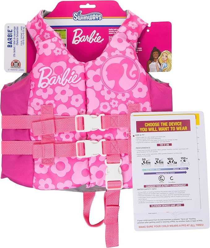 SwimWays Barbie Swim Trainer Life Jacket, US Coast Guard Approved Kids Swim Vest, Pool Floats & Life Jackets for Kids, 33-55 lbs