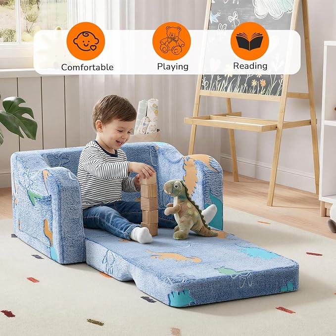 MeMoreCool Glowing Dinosaur Kids Chair, Glow-in-the-Dark Kids Couch for Boys Ages 1-3, 2-in-1 Convertible Fold-Out Sofa with Soft Foam and Washable Cover for Playroom and Reading | Living Room, Travel