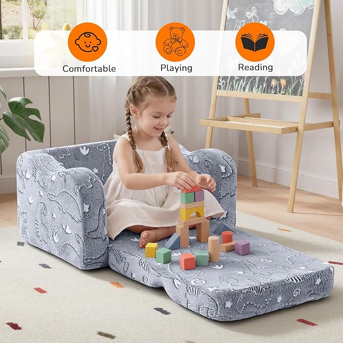 MeMoreCool Glow-in-the-Dark Dinosaur Kids Couch, 2-in-1 Foldable Kids Couch and Sofa Chair for Playroom Nursery, Soft Foam Fold Out Lounger for Boys Ages 1-3, Washable Cover, Gray | Reading, Lounging