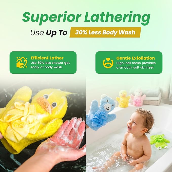 Made Easy Kit Hand Puppet Bath Wash Mitt Towel with Animal Designs with Loofahs for Fun Interactive Bathing Time (Green Yellow Pink Blue)