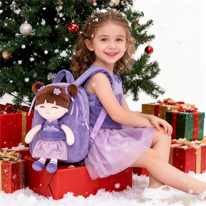 Gloveleya Back to School Gifts for Girls Kids Backpack Toddler Backpack Soft Plush Asian Girl Doll Backpacks Purple 9"