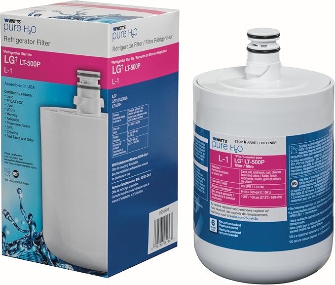 Watts L-1 LG Refrigerator Water Filter Replacement Cartridge, Compatible with ADQ36006101, 6-Month/300 Gallon Life, Reduces Lead, Chlorine & Odor, NSF Certified