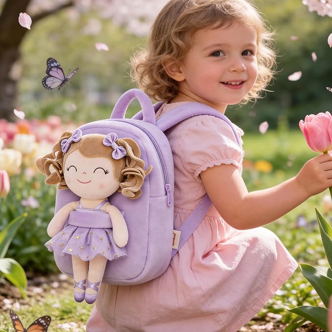 Gloveleya Toddler Backpack Baby Ballerina Girl Gifts Plush Curly Hair Ballet Backpack - White Purple 9 inches