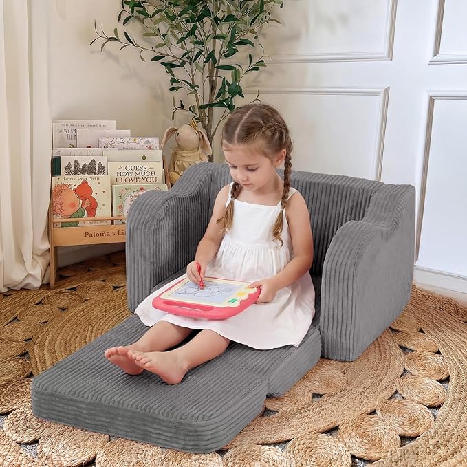 MeMoreCool Toddler Chair Comfy for 1-3 Years Old, Corduroy Kids Couch Bed Fold Out, 2-in-1 Foldable Baby Lounge Chair, Pull Out Children Sofa Bed, Light Grey