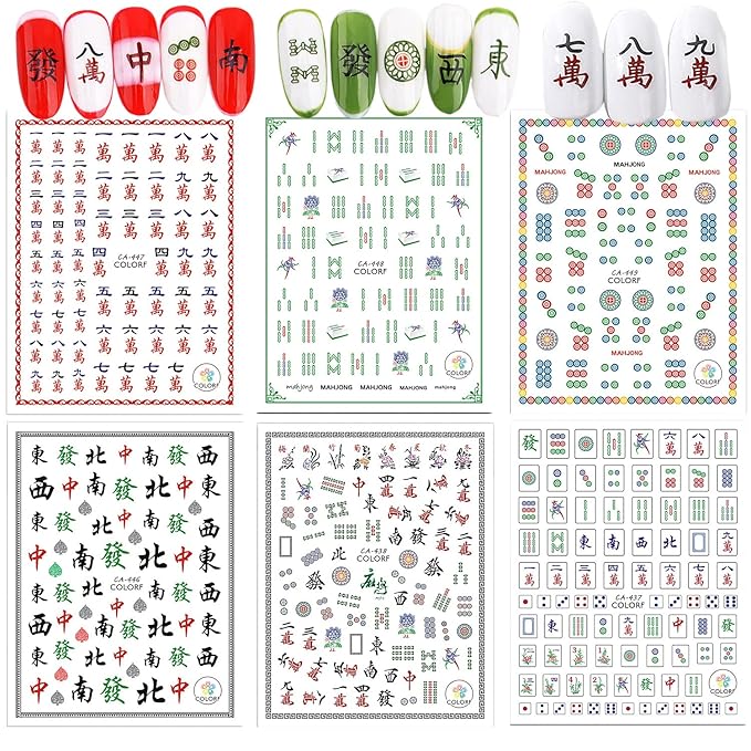 Funny Mahjong Nail Art Stickers - Chinese Playing Cards Game Design, 3D Decals, Luck Nail Art Supplies (6 Sheets)