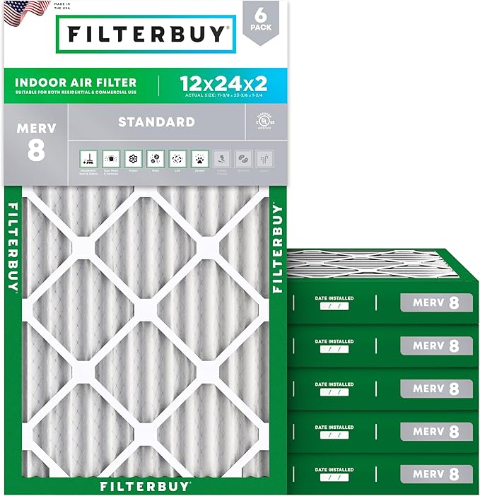 Filterbuy 12x24x2 Air Filter MERV 8 Essential Dust & Allergy Defense (6-Pack), Electrostatic Pleated HVAC AC Furnace Filters Replacement (Actual Size: 11.38 x 23.38 x 1.75)