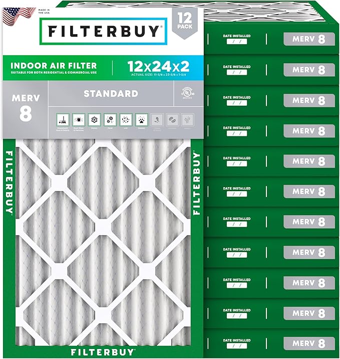 Filterbuy 12x24x2 Air Filter MERV 8 Essential Dust & Allergy Defense (12-Pack), Electrostatic Pleated HVAC AC Furnace Filters Replacement (Actual Size: 11.38 x 23.38 x 1.75)