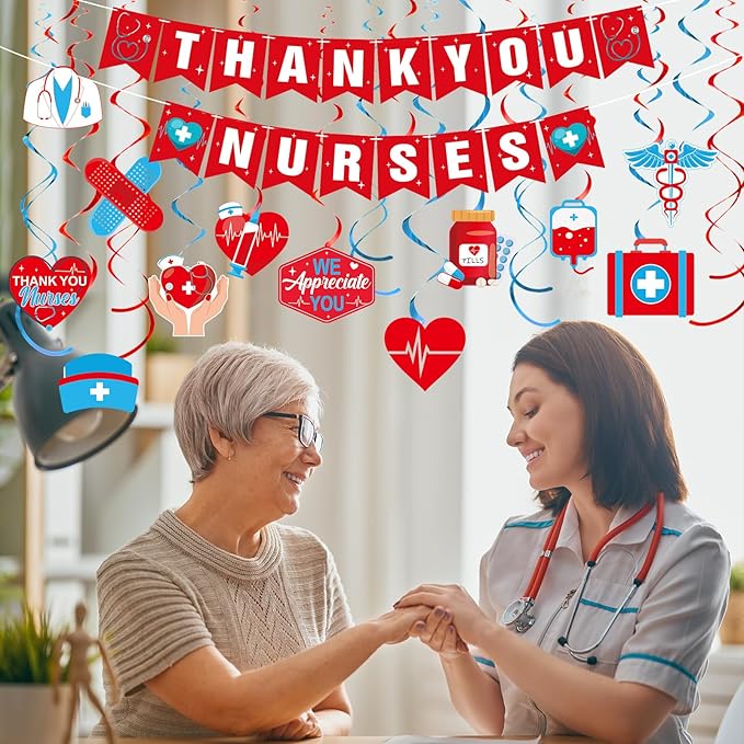 Thank You Nurse Banner and Hanging Swirl Set, Hanging Swirl Banner for Nurses Week Nurse Day Decoration Doctor Medical Themed Party Nurse Appreciation RN Graduation Party Decorations(Red)