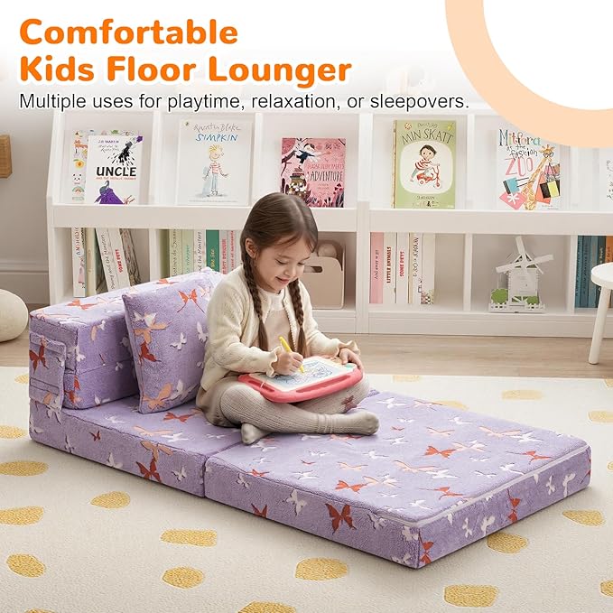 MeMoreCool Foldable Futon Chair Bed for Kids, Glow Tri-fold Sofa Bed Convertible Toddler Sofa Mattress, Foam Floor Couch for Sitting, Purple
