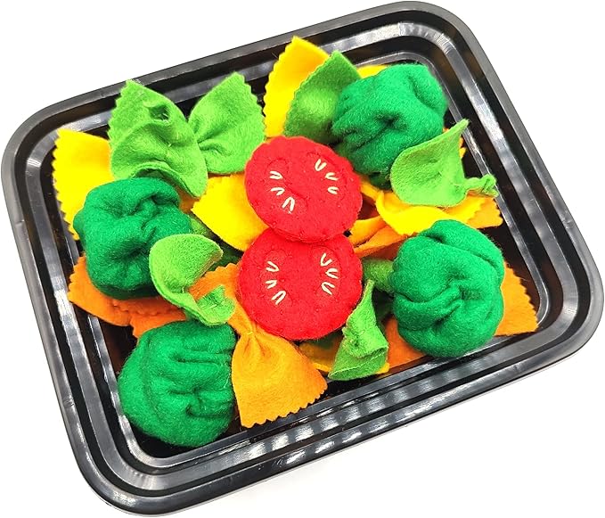 Pasta with broccoli, farfalle, bow tie pasta, felt play food for kids kitchen, pretend play for kids (tri-colors, set 2 (farfalle, broccoli, tomatoes, basil))