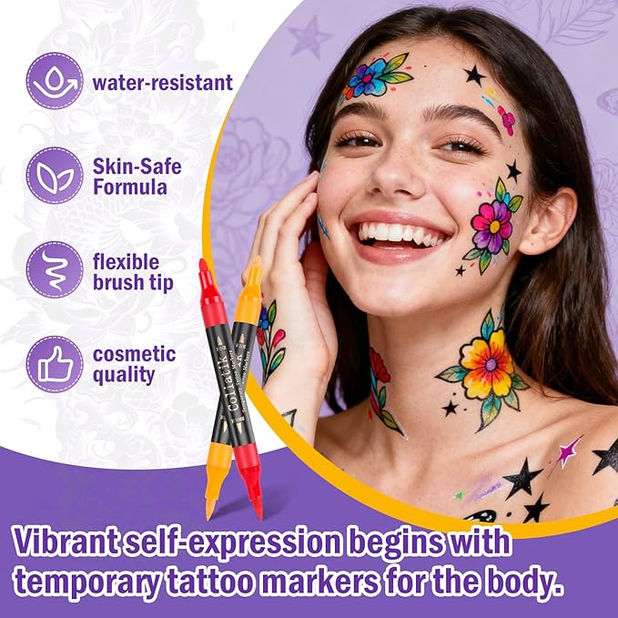 Temporary Tattoo Markers for Skin – Dual-End 16 Colors + 80 Stencils Kit, Skin-Safe Washable Cosmetic-Grade Body Art Pens for Kids & Adults