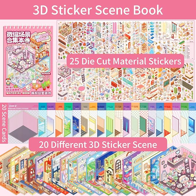 20 Sets Sticker Therapy DIY 3D Mini Scene Book: 1000+ Premium Removable Stickers for Anxiety Relief, Creative Scrapbooking Reusable Stress Relief Activities for Adults and Teens