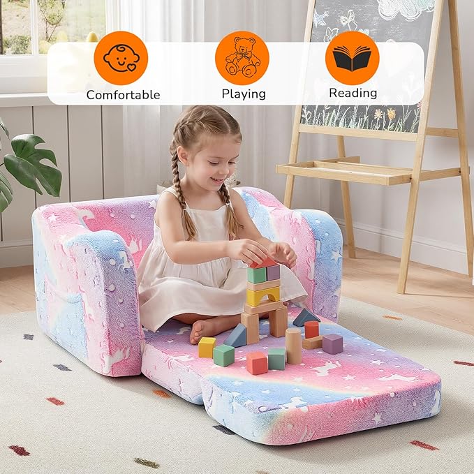 MeMoreCool Glowing Rainbow Unicorn Kids Chair - Convertible 2-in-1 Fold-Out Kids Couch for Girls, Glow-in-the-Dark Plush Sofa with Washable Cover, Soft Foam Lounge Seat for Playroom and Reading | Relaxing,Gift Giving