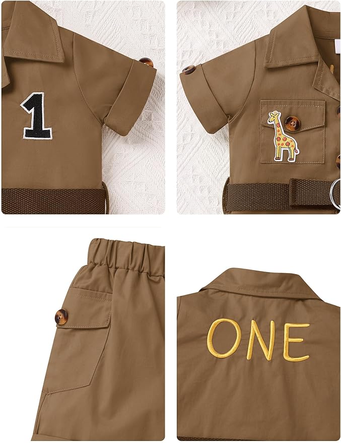 ODASDO Baby Boy Jungle Safari 1st Birthday Cake Smash Outfit Button Down Shirt + Shorts + Hat + Bandana + Belt 5pcs Set