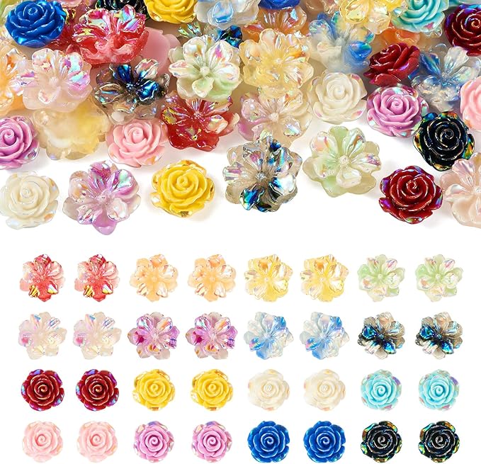 48Pcs Glow in The Dark Flat Back 3D Flower Cabochons Luminous Rose Flower Cabochons Embellishment Resin Floral Spring Beads for Phone Cases Scrapbooking DIY Decoration