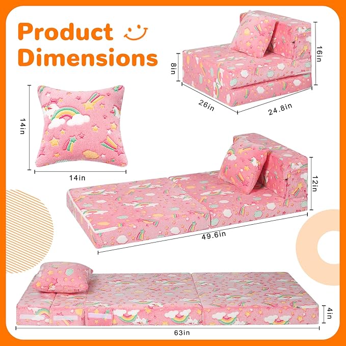 MeMoreCool Glow Tri-fold Sofa Bed for Kids, Folding Futon Mattress and Chair, Foldable Floor Couch for Playroom and Trifold Mattress for Sitting