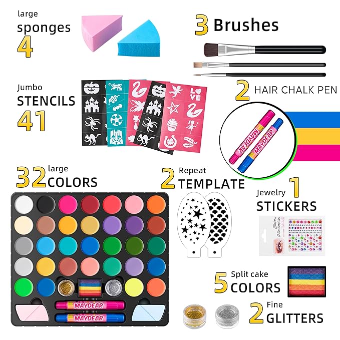 Maydear Face Painting Kit for Kids, 32 Colors Water Based Makeup Palette with Stencils, Glitters, Rainbow Split Cake, Hair Dye Clips, for Parties, Halloween, Safe Professional Face Body Paint Kit
