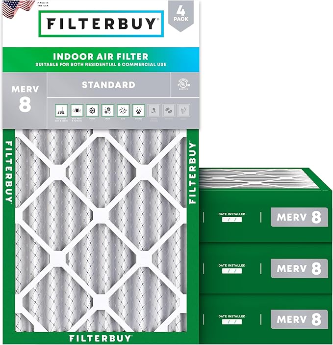 Filterbuy 12x24x4 Air Filter MERV 8 Essential Dust & Allergy Defense (4-Pack), Electrostatic Pleated HVAC AC Furnace Filters Replacement (Actual Size: 11.50 x 23.38 x 3.63)