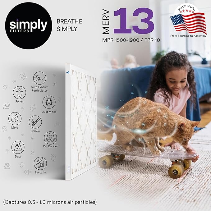 Simply 24x24x1 Air Filter, MERV 13, 4 Pack, For Home AC Furnace & HVAC (Actual Size: 23.75"x23.75"x0.75") DUST, Pet, & Allergy Control