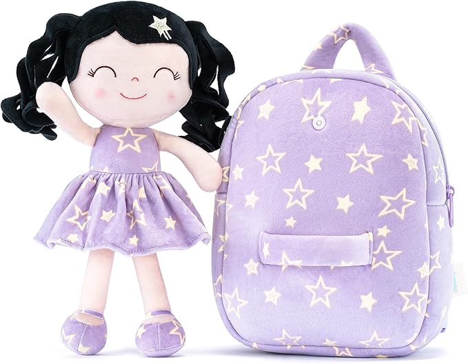 Gloveleya Toddler Backpacks Baby Girl Gifts Curly Hair Plush Figures Dress Backpack Kids Backpack Curly Hair Spring Girl - Black Head Purple Star 9inches
