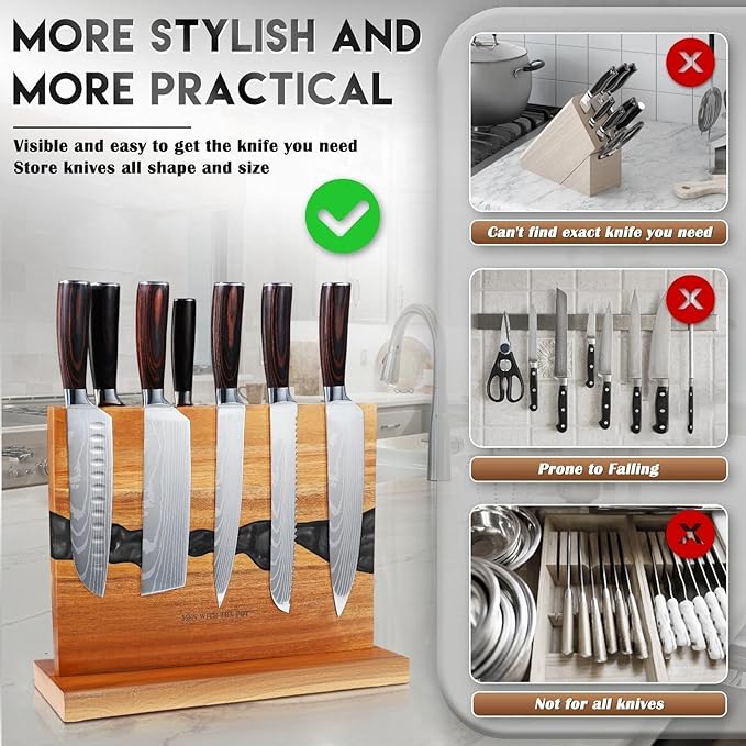 MEN WITH THE POT Magnetic Knife Block 13 x 10 Inches, Double Sided Magnetic Knife Holder Rack for Kitchen Counter Top, Space Saving Free Standing Wood Magnetic Knife Storage Stand with Black Resin