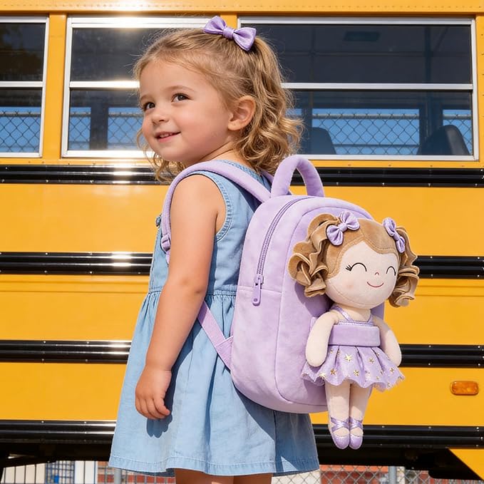 Gloveleya Toddler Backpack Baby Ballerina Girl Gifts Plush Curly Hair Ballet Backpack - White Purple 9 inches