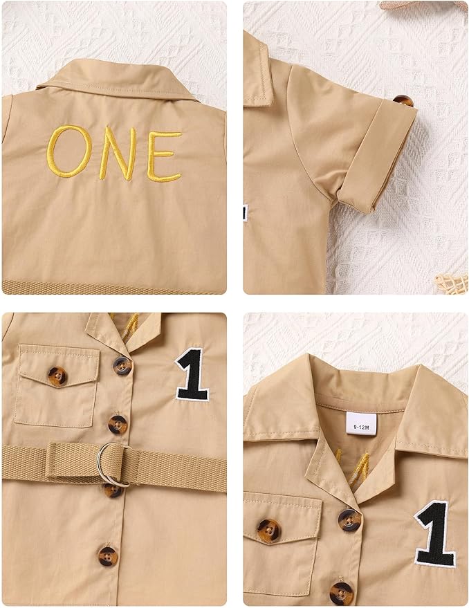ODASDO Baby Boy Jungle Safari 1st Birthday Cake Smash Outfit Button Down Shirt + Shorts + Hat + Bandana + Belt 5pcs Set