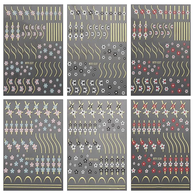 TBRZTR Colorful Flower Nail Art Adhesive Sticker 3D Self-Adhesive Nail Decals Art Design Holographic Golden Lines Nail Art Sticker Decoration Manicure Tips Acrylic Nails DIY Nails Art Supplies