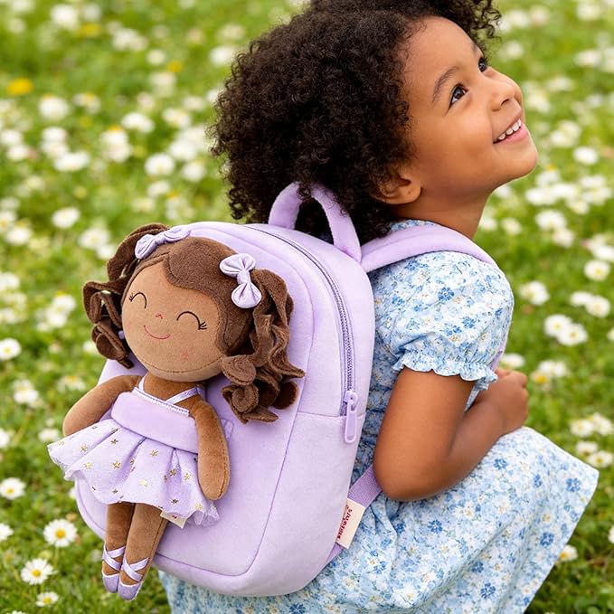 Gloveleya Toddler Backpack Baby Ballerina Girl Gifts Plush Curly Hair Ballet Backpack - Black Purple 9 inches