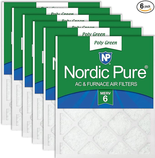 Nordic Pure 16x25x1 (Actual Size: 15 1/2 x 24 1/2 x 3/4) Poly Green MERV 6 AC Furnace Air Filters – Reduces Dust, Pollen, Pet Dander & Allergens – 6-Pack