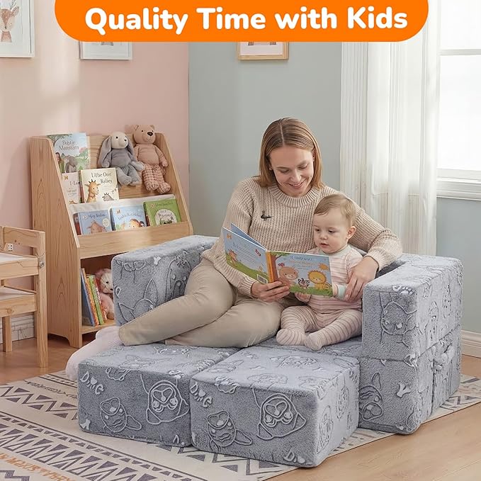 MeMoreCool Kids Sofa Couch, Glow-in-the-Dark Plush Cover, Convertible Foam Loveseat with Armrests & Pocket, Gray Dog Pattern, Playroom & Bedroom Children’s Furniture, 39" x 20" x 16"