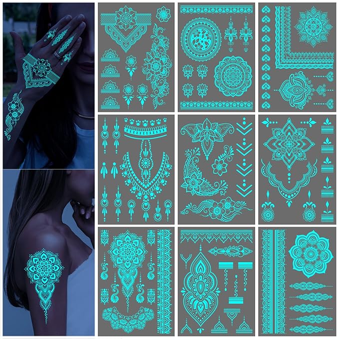 Blue Glow in the Dark Mandala Flower Temporary Tattoo for Women Hand, Realistic Luminous Floral Indian Lotus Fake Tattoo Sticker Adult Girl Finger, Large Henna Tribal Temp Tatoo Arm Body Art, 9-Sheet