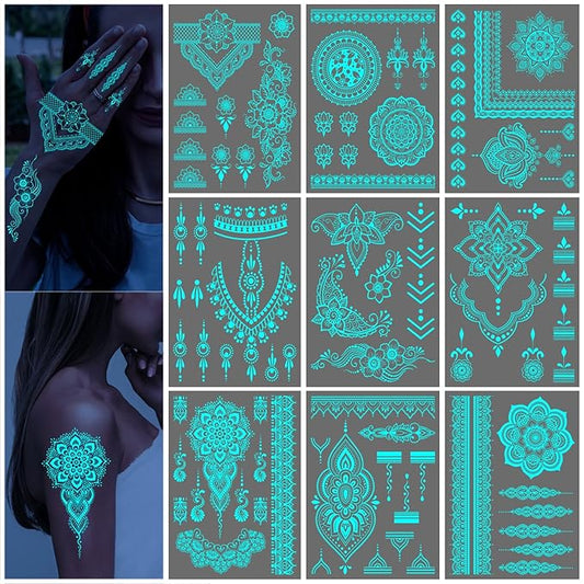 Blue Glow in the Dark Mandala Flower Temporary Tattoo for Women Hand, Realistic Luminous Floral Indian Lotus Fake Tattoo Sticker Adult Girl Finger, Large Henna Tribal Temp Tatoo Arm Body Art, 9-Sheet