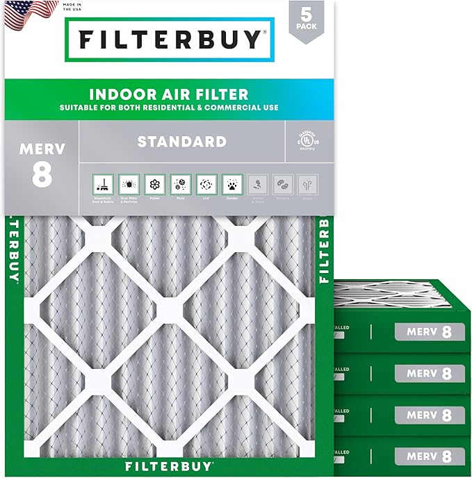 Filterbuy 24x30x2 Air Filter MERV 8 Essential Dust & Allergy Defense (5-Pack), Electrostatic Pleated HVAC AC Furnace Filters Replacement (Actual Size: 23.50 x 29.50 x 1.75)