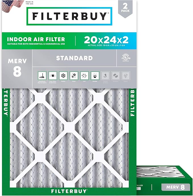 Filterbuy 20x24x2 Air Filter MERV 8 Essential Dust & Allergy Defense (2-Pack), Electrostatic Pleated HVAC AC Furnace Filters Replacement (Actual Size: 19.38 x 23.38 x 1.75)