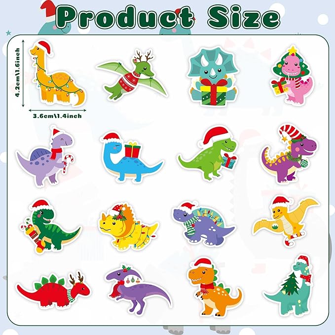 Haooryx Christmas Dinosaur Sticker Rolls - 1000Pcs Vibrant Festive Dinosaur Sticker with Tyrannosaurus Design Self-adehesive Vinyl Decal Christmas Holiday Party Favor Stocking Stuffer Craft Activities
