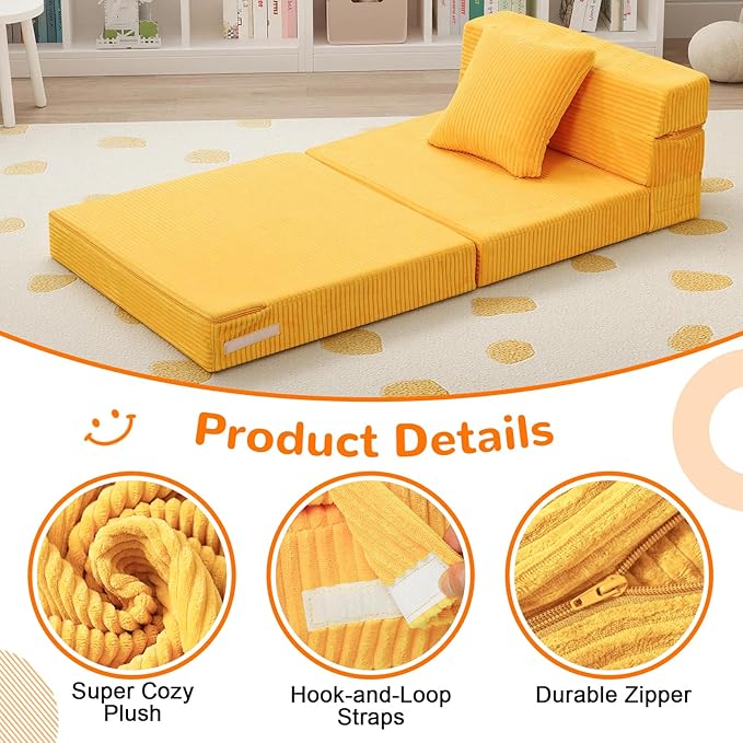 MeMoreCool Folding Sofa for Kids, Corduroy Fold Out Futon Chair, Small Foldable Floor Mattress, Portable Children Couch Sofa, Yellow