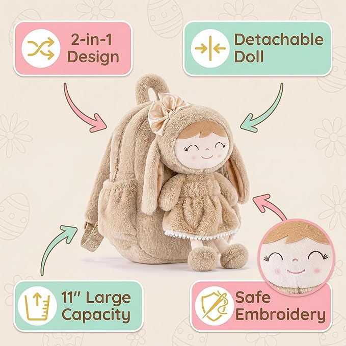 Gloveleya Toddler Backpack with Soft Brown Rabbit 11 inches Detachable Design for Girl Age 2+