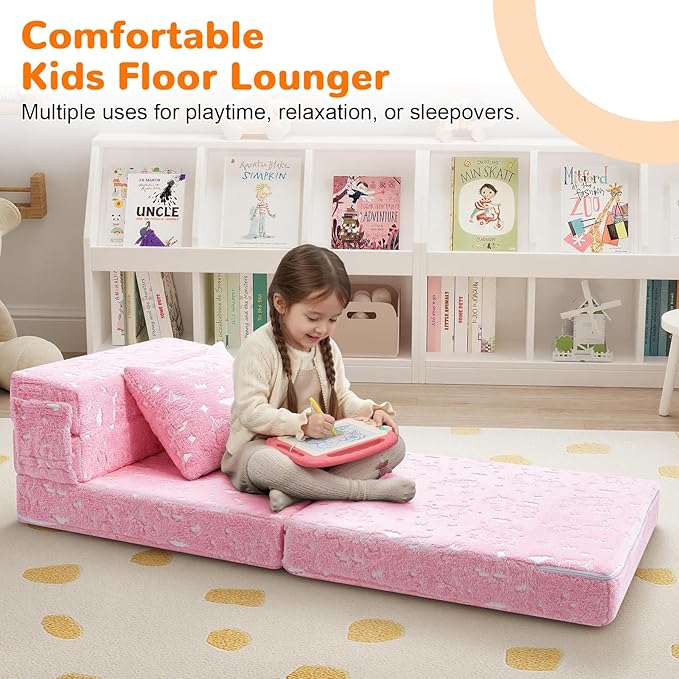 MeMoreCool Glow Pink Unicorn Tri-fold Sofa Bed for Kids, Foldable Futon Chair and Floor Couch, Convertible Trifold Mattress for Playroom