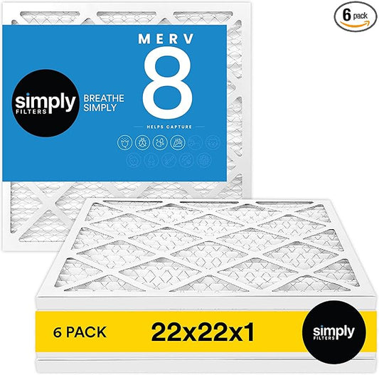 Simply 22x22x1 Air Filter, Merv 8, 6 Pack, Furnace Air Filter for HVAC (Actual Size: 21.75"x21.75"x0.75") DUST, Pet, & Allergy Control