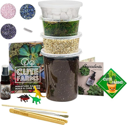 Cute Farms Terrarium Starter Kit | Moss, Vermiculite, Soil, Pebbles, Plant Food, & Finishing Tools (Large Kit + Crystals)