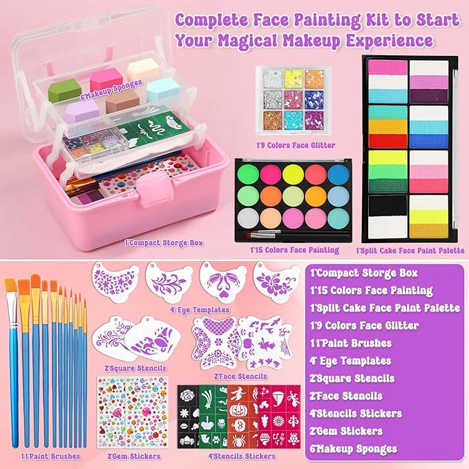 Kids Face Painting Kit with Organizer Box - Rainbow Color Non Toxic & Washable Face Paint Set with Stencils, Brush & Gems Kids Party Makeup for Halloween, Carnival & Costume