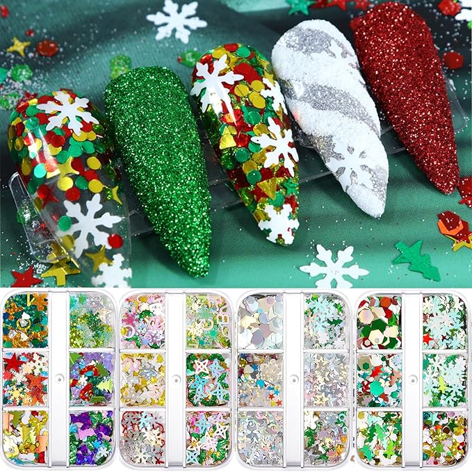 Christmas Nail Art Glitters Sequins, 4 Boxes Multicolor Holographic Lrregular Shapes Glitters Stickers Decals with Christmas Snowflake Letter Star Tree Designs for Manicure DIY Xmas Decorations