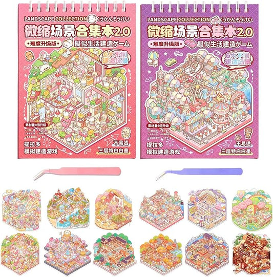 6 Sets Sticker Therapy DIY 3D Mini Scene Book: 1000+ Premium Removable Stickers for Anxiety Relief, Creative Scrapbooking Reusable Stress Relief Activities for Adults and Teens