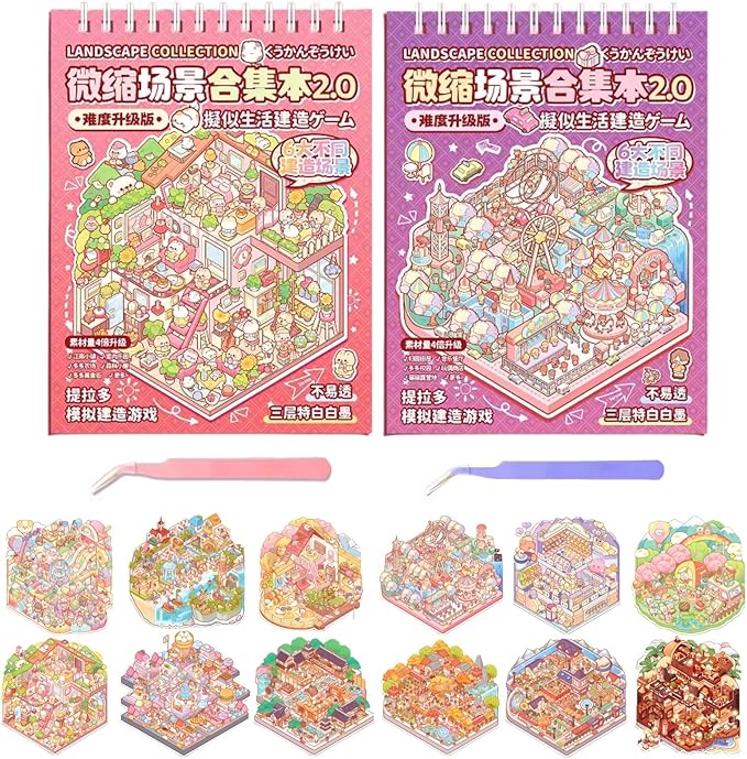 6 Sets Sticker Therapy DIY 3D Mini Scene Book: 1000+ Premium Removable Stickers for Anxiety Relief, Creative Scrapbooking Reusable Stress Relief Activities for Adults and Teens