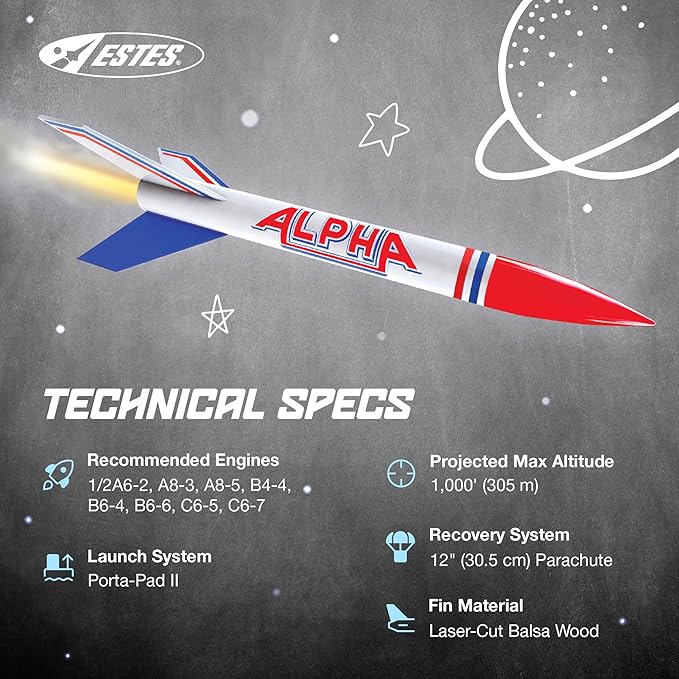 Estes 1225 Alpha Rocket-Building Kit, Intermediate Flying-Rocket-Model Kit for Ages 10+